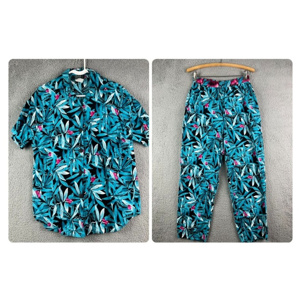 Vintage Michele Leslie Blue Floral Button Up Shirt pant set size 8/10